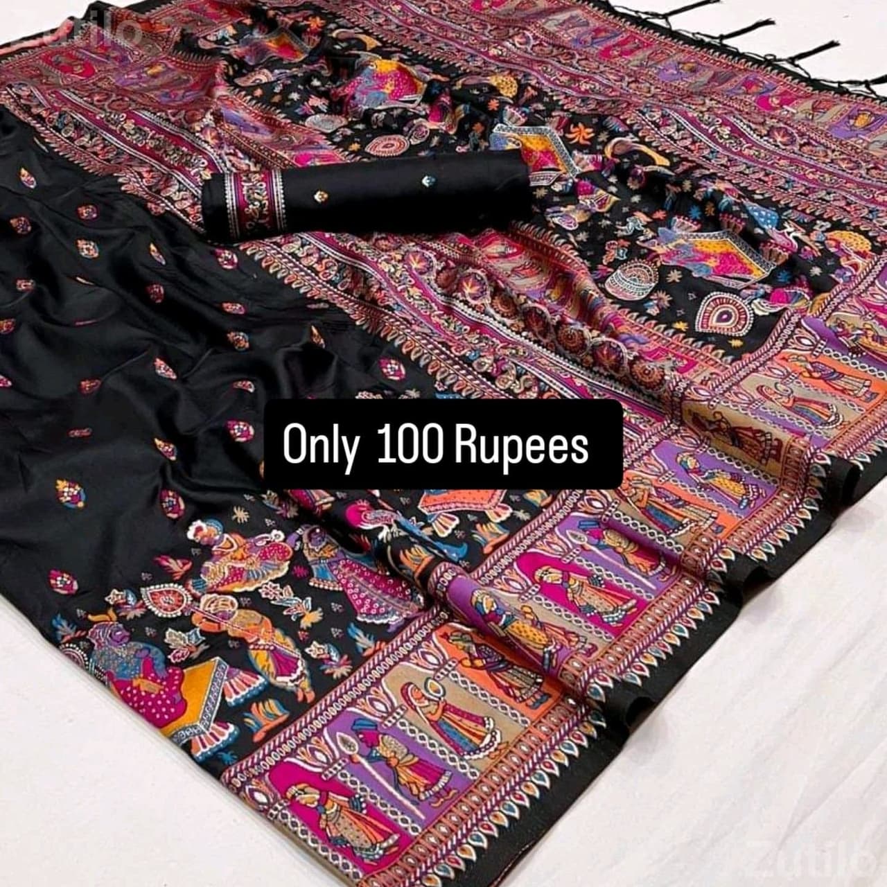 Black Printed Saree with Traditional Border